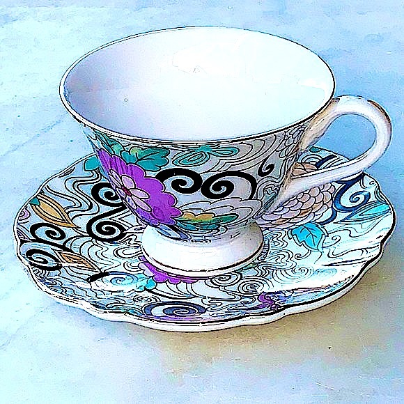 GRACES TEAWARE FOOTED CUP SAUCER SET NEW PASTEL BLACK FLORAL - Picture 2 of 9